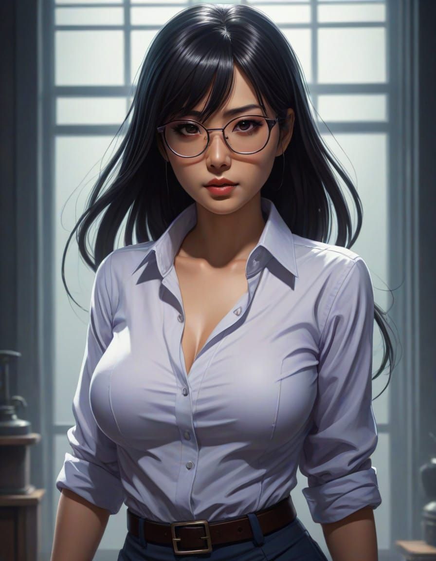 Elegant Asian Woman in a Tight White Shirt with Bangs