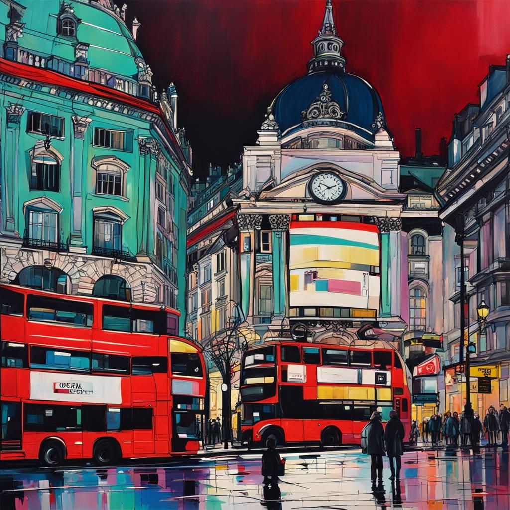 Piccadilly Circus at Night in Abstract Style