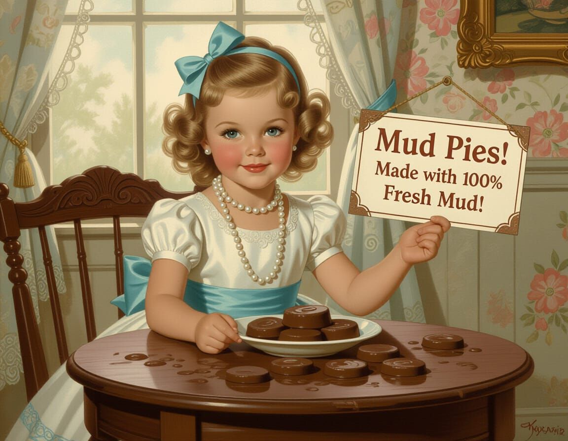 Girl Selling Mud Pies in Whimsical Nostalgic Style