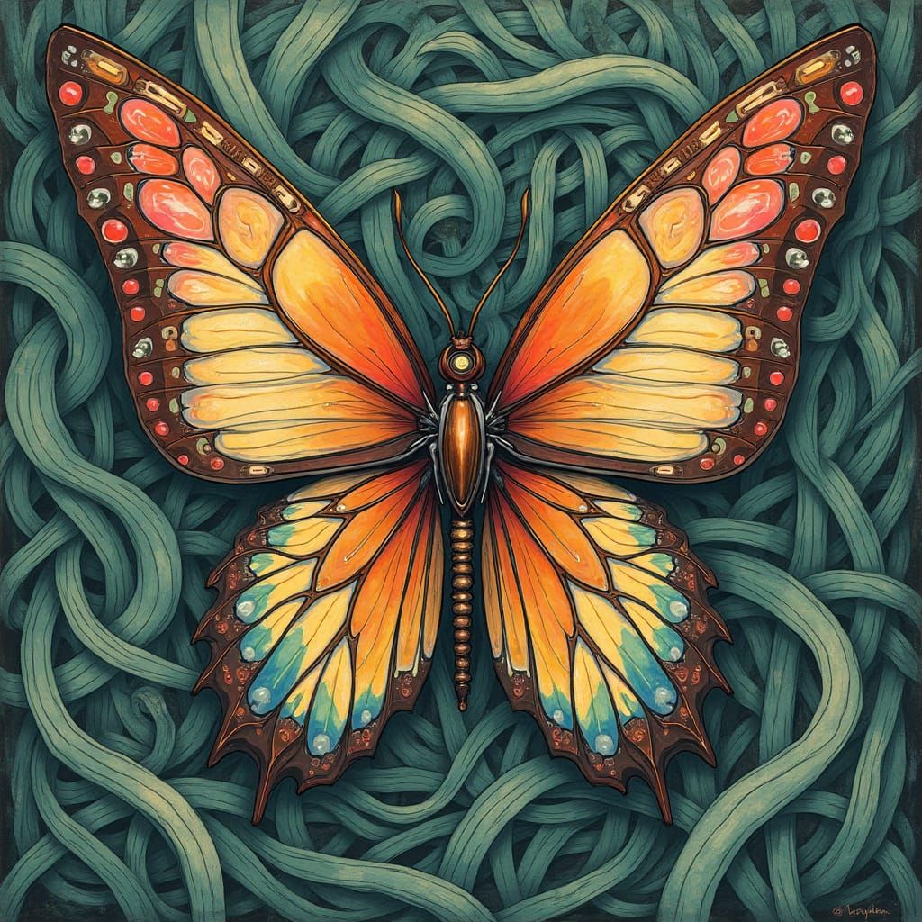 Retro-Futuristic Butterfly in Whirling Art Nouveau Landscape