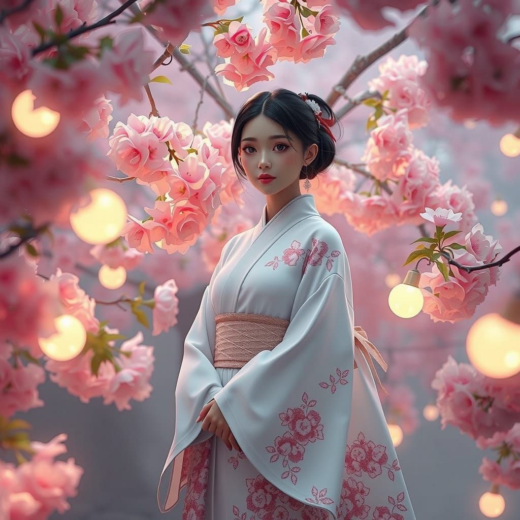 Vibrant Cherry Blossoms in a Futuristic Bush Scene