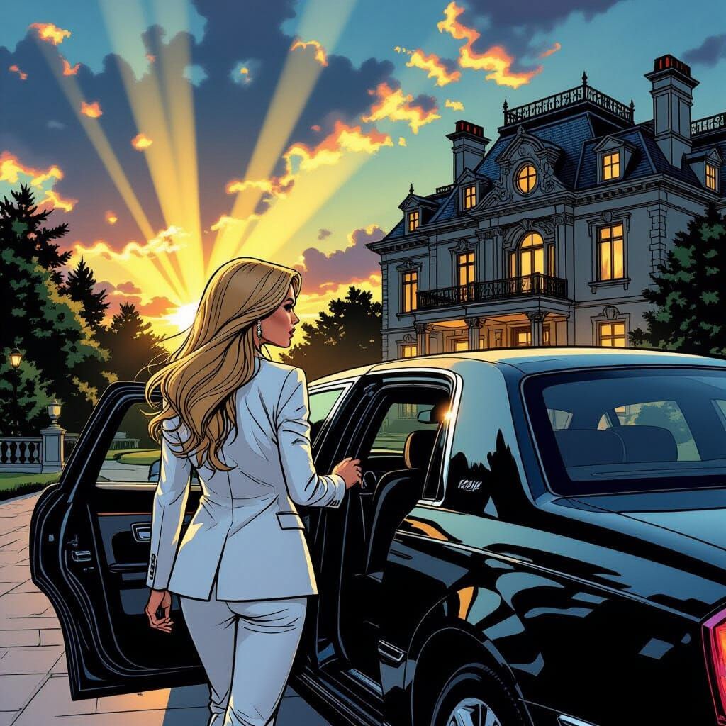 Woman in White Suit Enters Limousine at Twilight