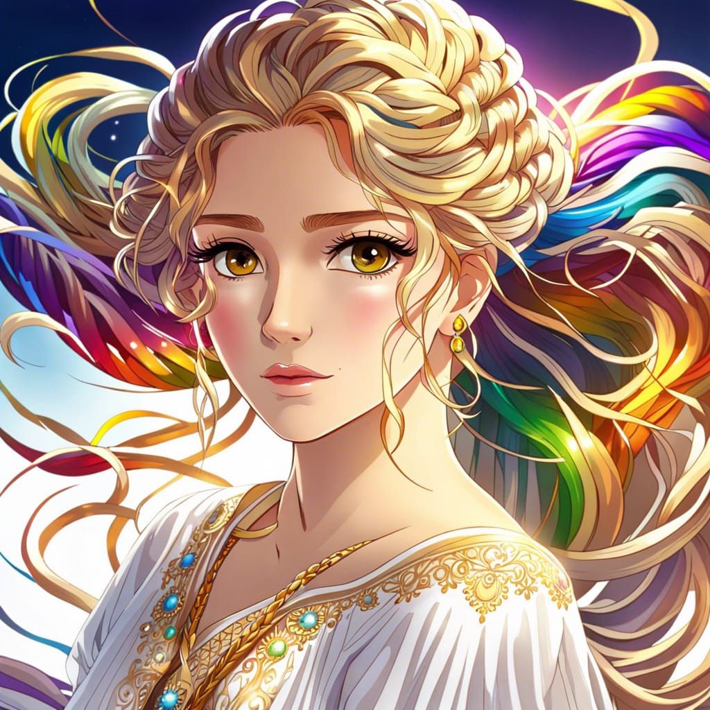 Anime Woman with Rainbow Hair in Summer Dress