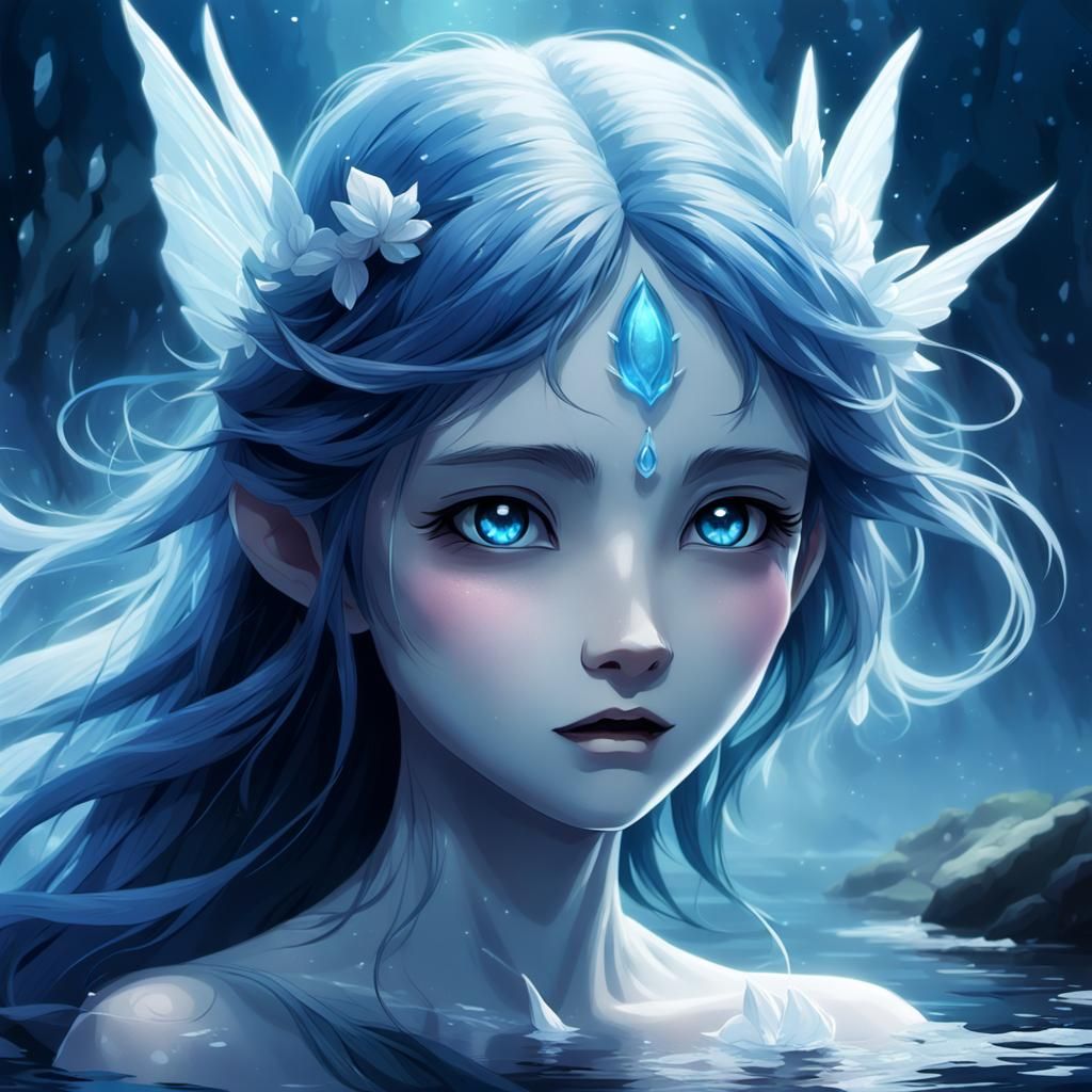 Blue Asrai Emerges from Misty Lake: Anime Style