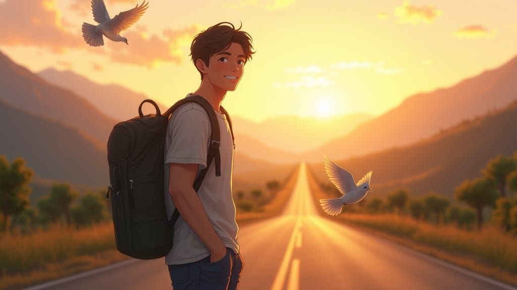 Man Waves Goodbye on Road to Mountains