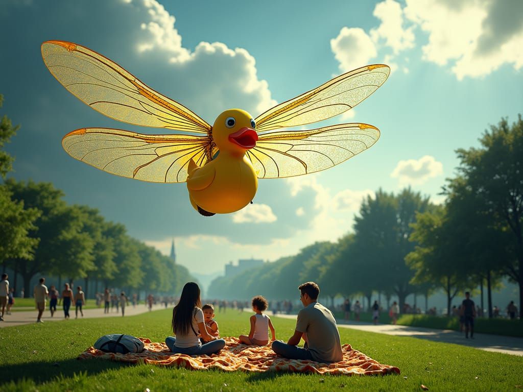 Giant Dragonfly Carries Rubber Duck in Noir Cityscape