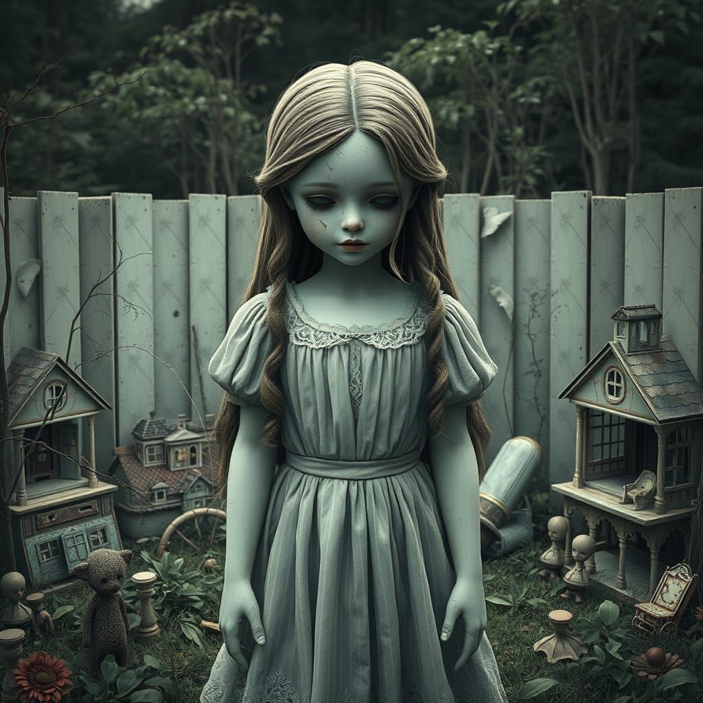Porcelain Lady in Overgrown Garden: Digital Nostalgia
