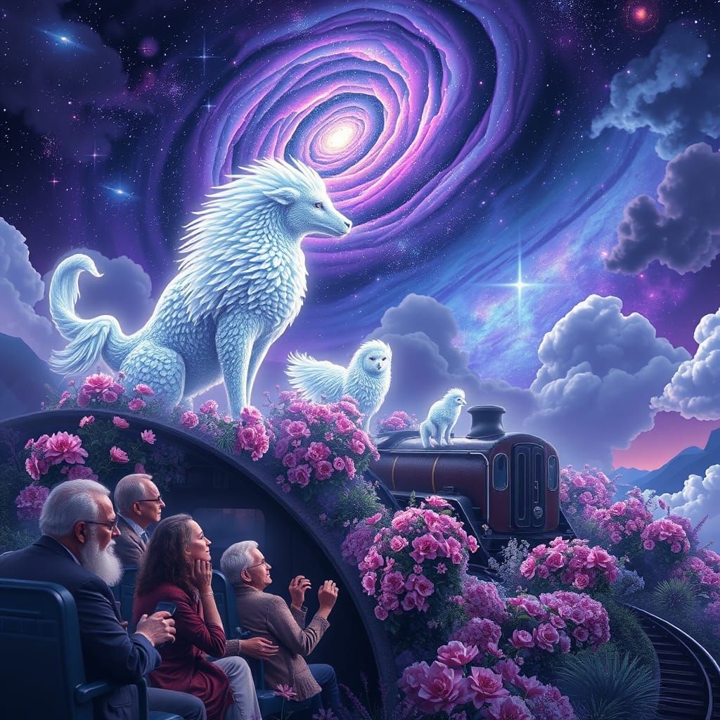 Blooming Train Amidst Cosmic Cloud Animals