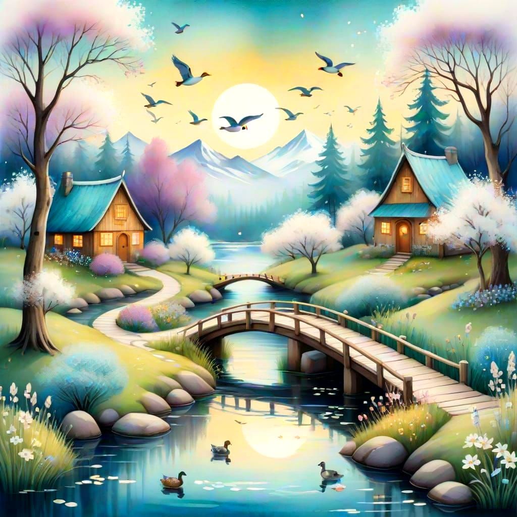 Whimsical Scandinavian Spring Oasis with Bridge and Meanderi...