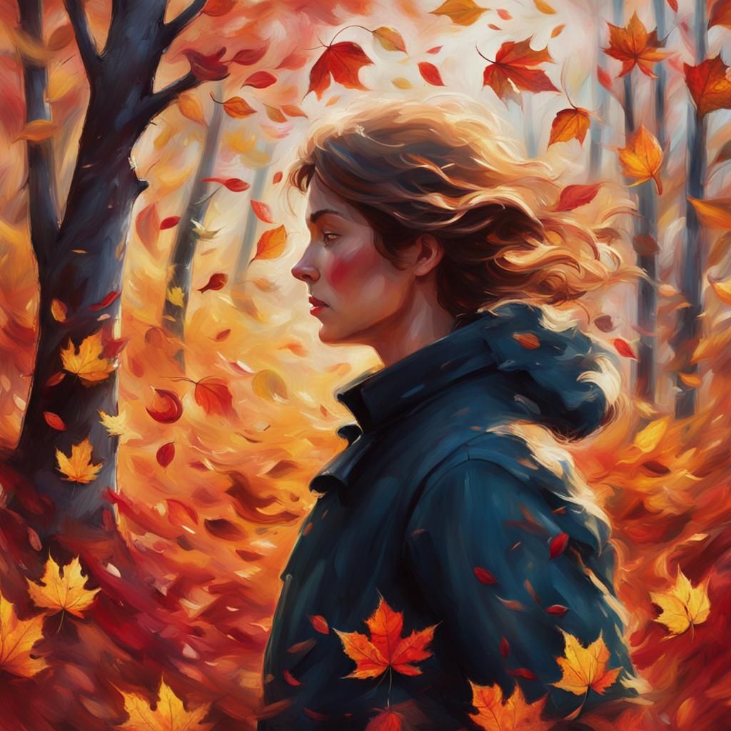 golden and crimson autumn leaves swirl in the wind