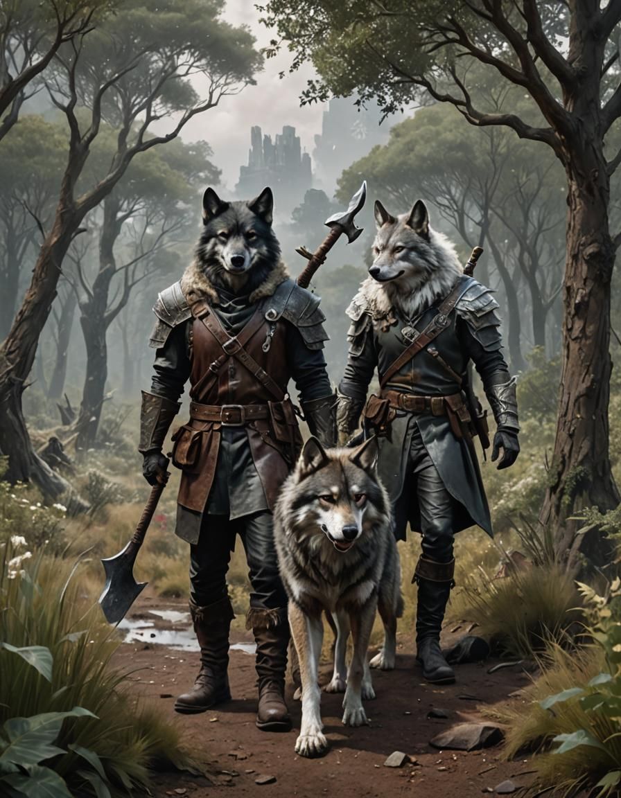 Fantastical Warrior with Bonded Wolf in Scrub Vegetation