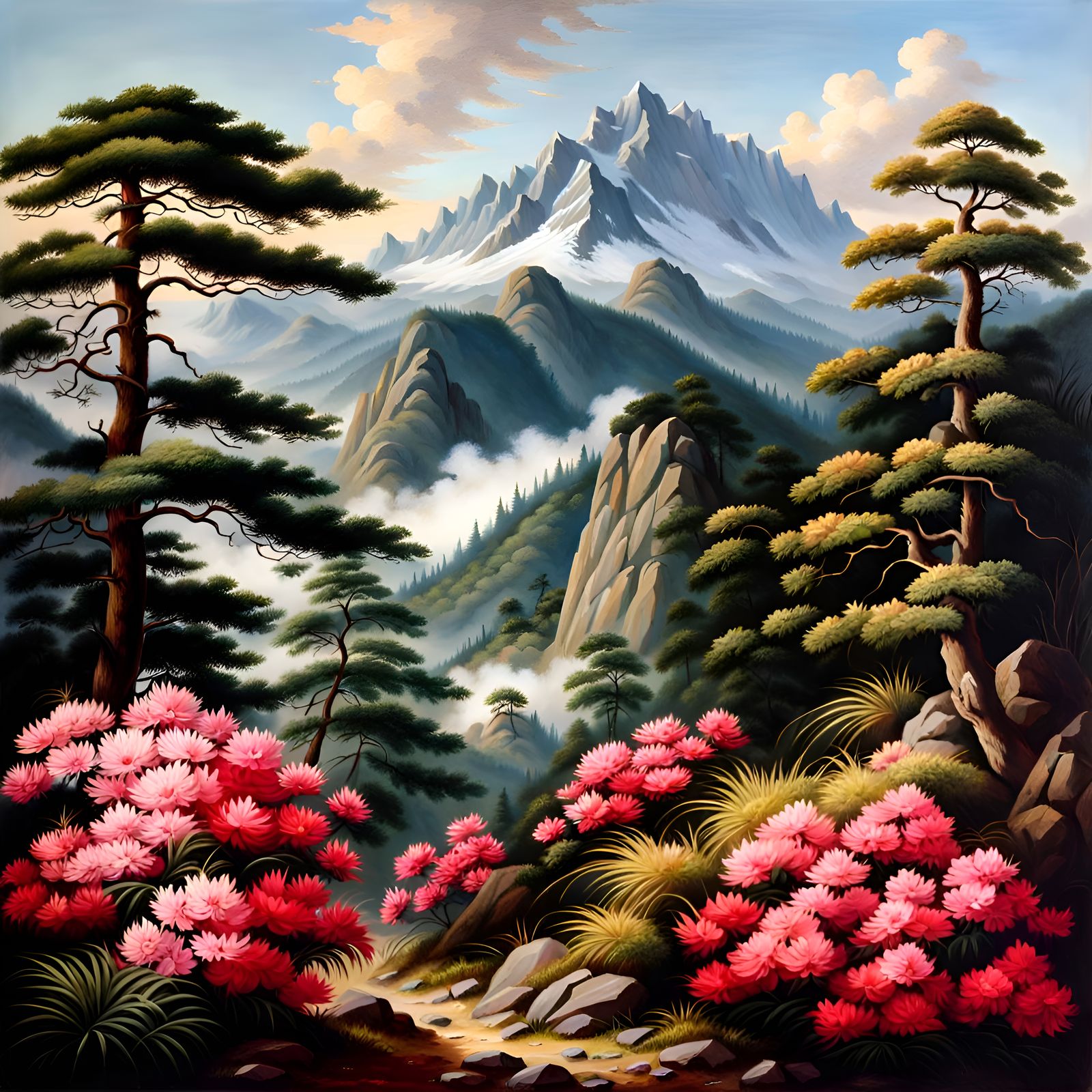 Idyllic Asian Mountain Landscape in 19th Century Style