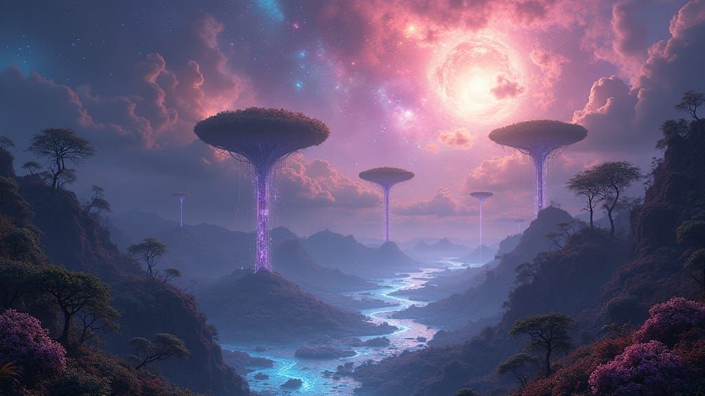 Cosmic Fantasy Landscape with Floating Islands