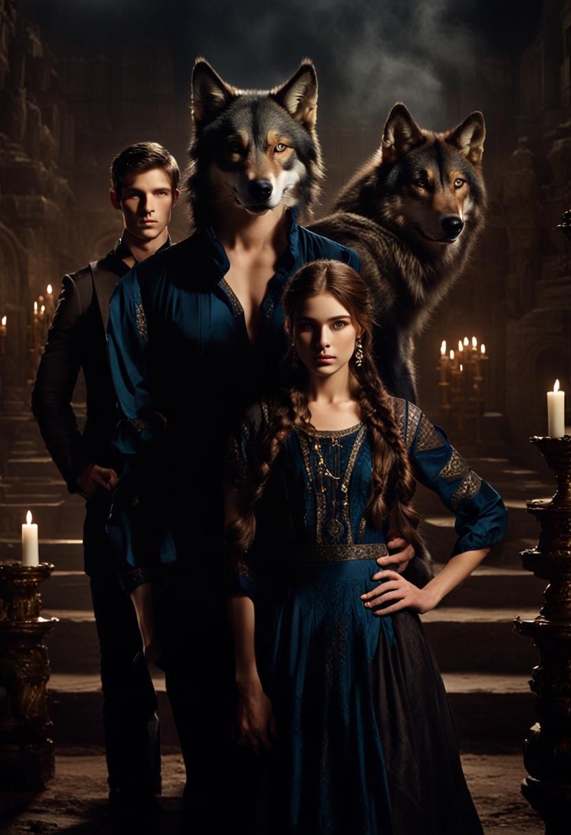 Girl Between Two Men with Wolf Background
