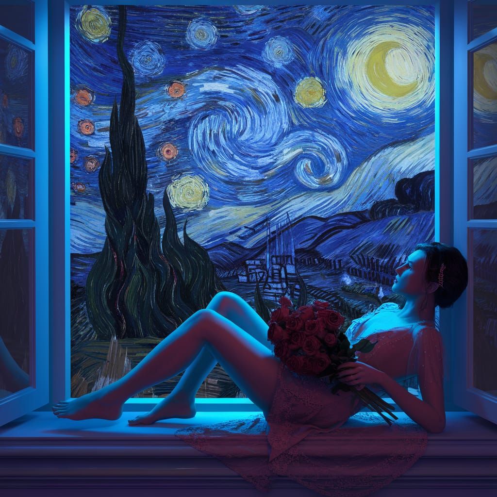Woman Reclining in Blue Moonlight in Cyberpunk Style