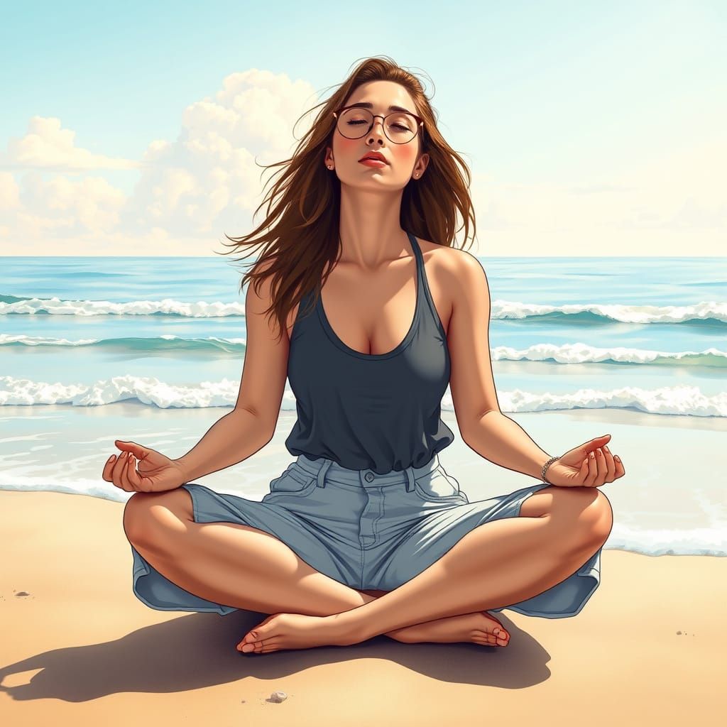 Meditative Woman on Beach in Regionalist Style