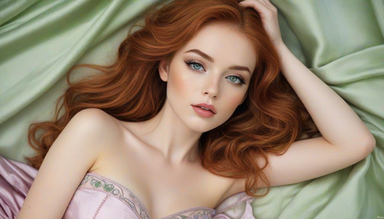 Ethereal Nude on Silk Sheets in Klimt Royo Style