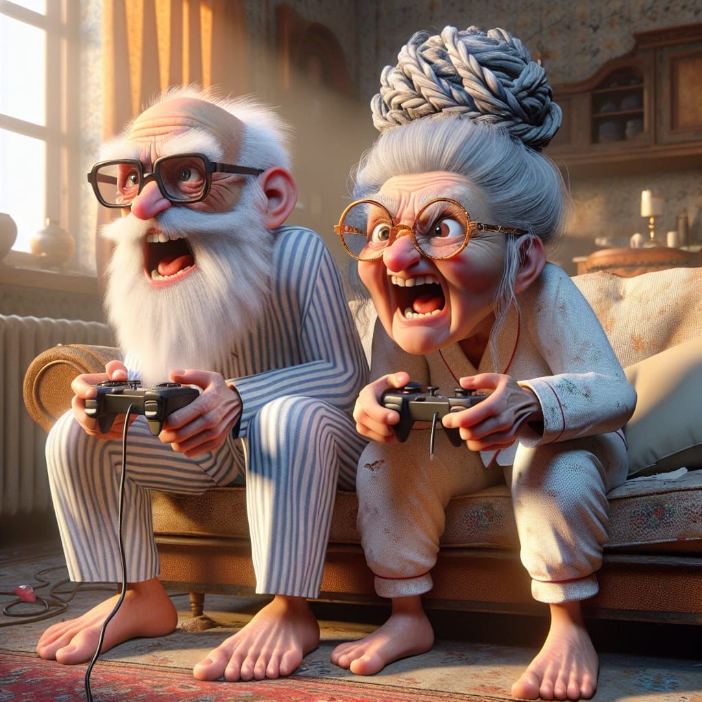 Eccentric Elderly Couple Playing Video Games: 3D Cartoon