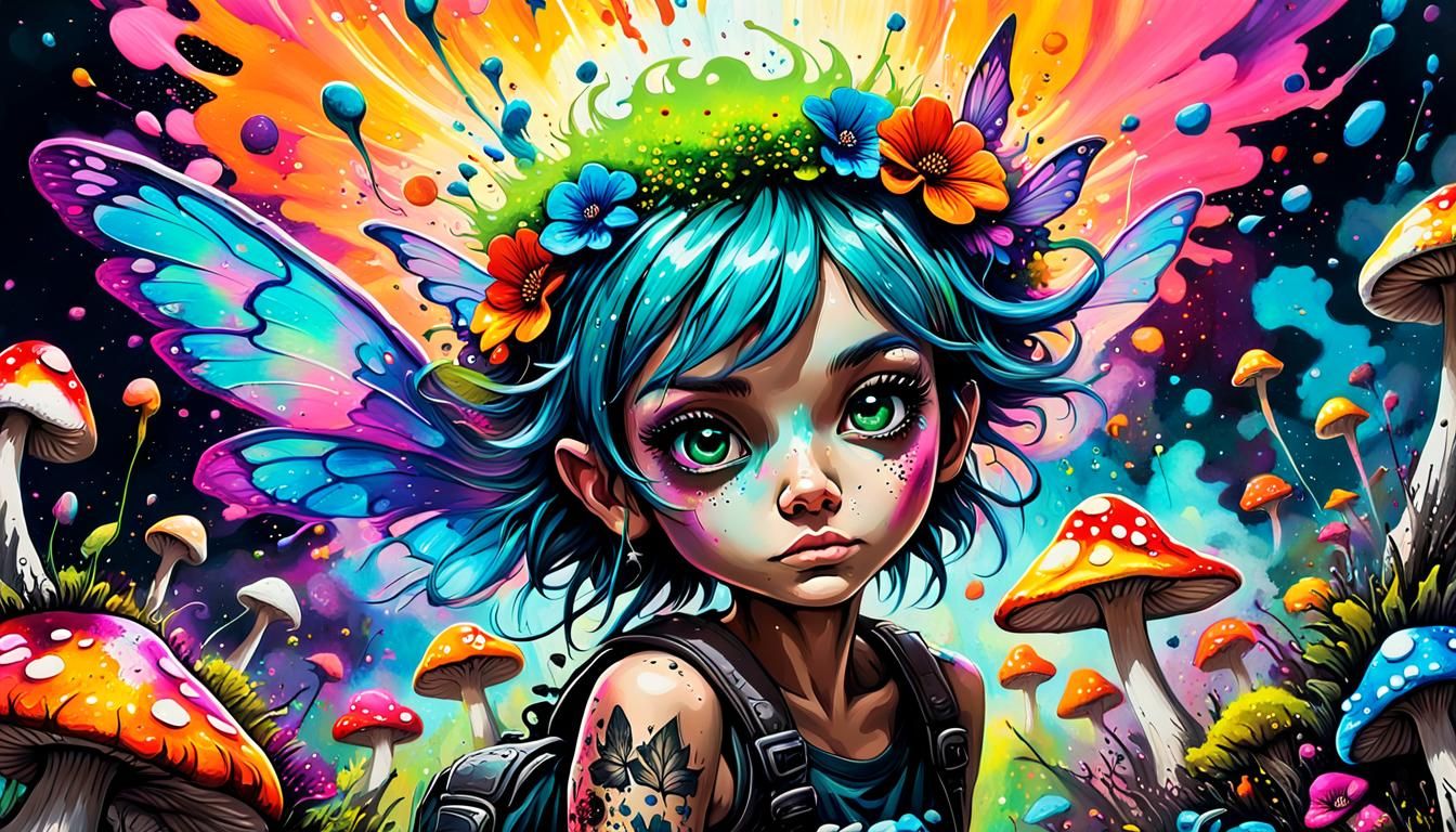 Neon Fairy in Mushroom World: Graffiti Street Art