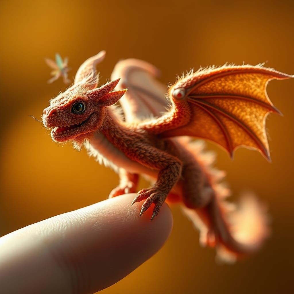 Macro Photo of a Furry Baby Dragon with Fairy