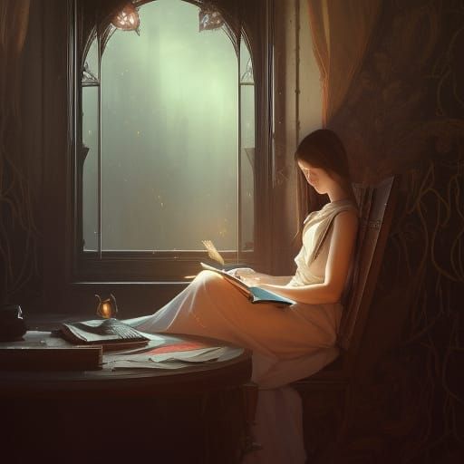 Girl Reading in Dark Fantasy Style