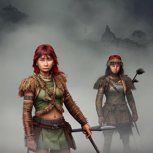 Amazon Warriors Emerging from the Fog