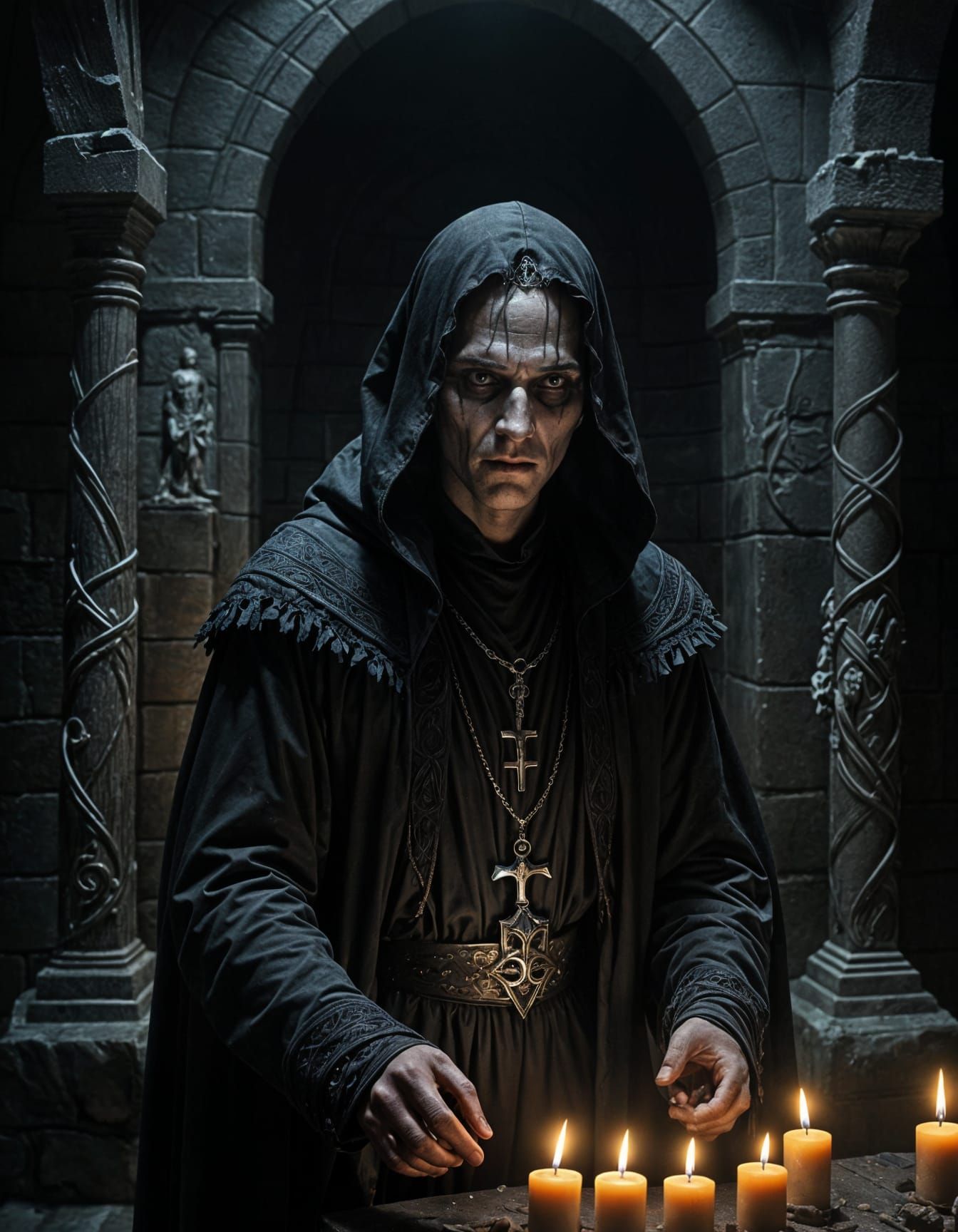 Necromancer in Dark Chamber, Gothic Style Art