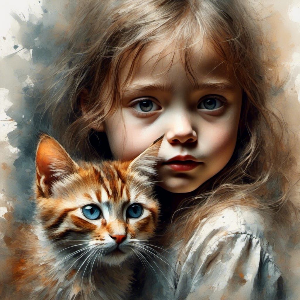 Girl and Kitten in Watercolor Line Art