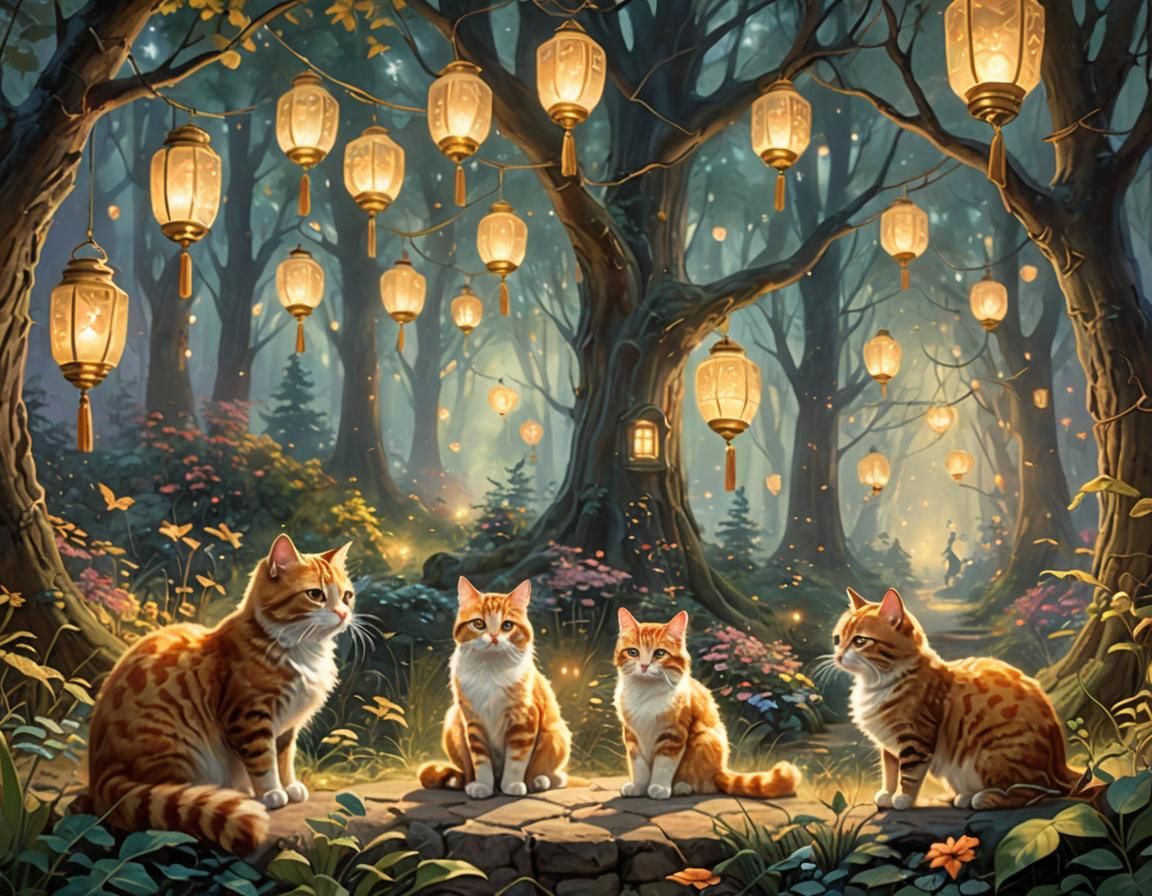 Cats in Magical Forest with Lanterns: Kinkade Style