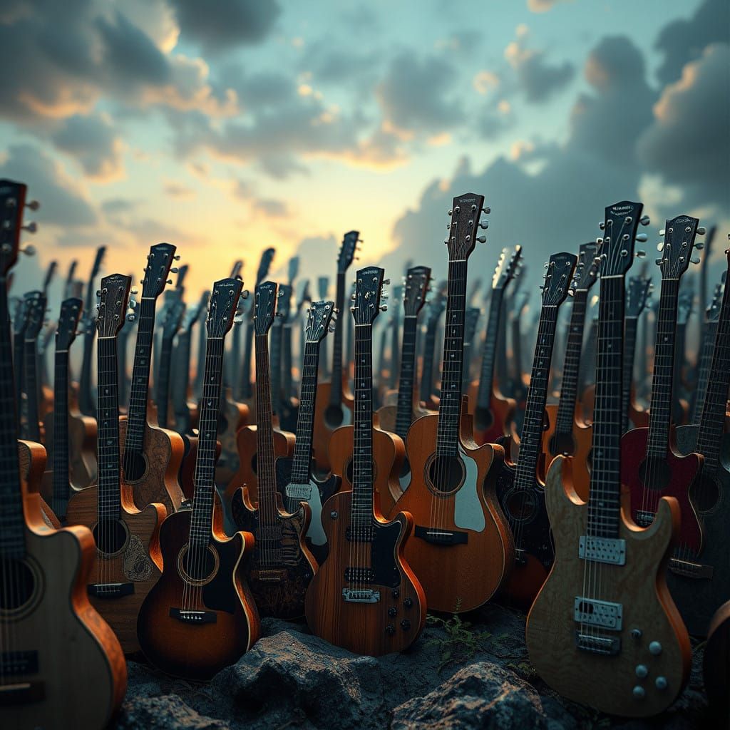 Guitars Emerging from the Earth in a Futuristic Landscape