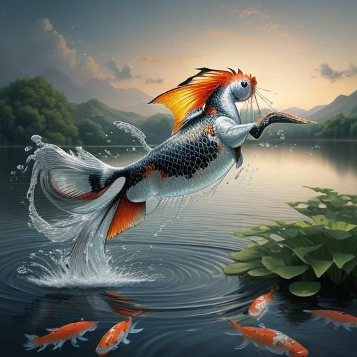 Koi Carp Leaping: Hyperrealistic Digital Artwork