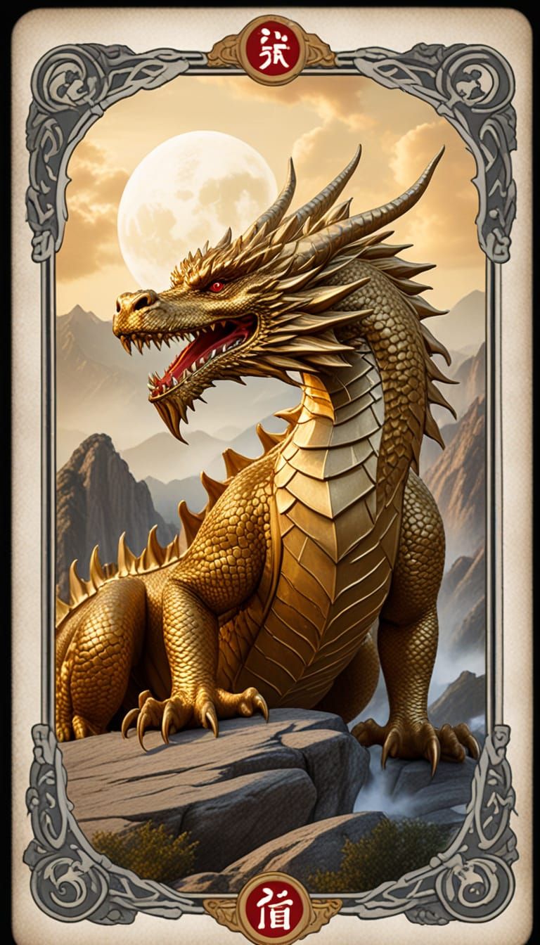 Majestic Chinese Dragon on Golden Tarot Card