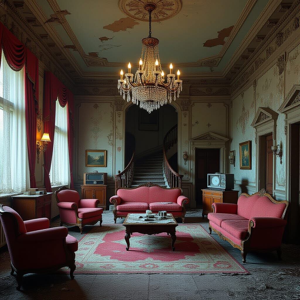 Abandoned Mansion with Retro Furnishings
