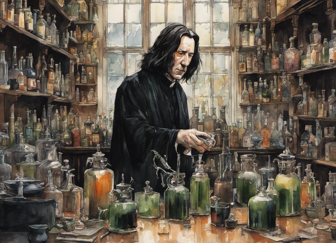 Severus Snape Potion Preparation, Watercolor Illustration