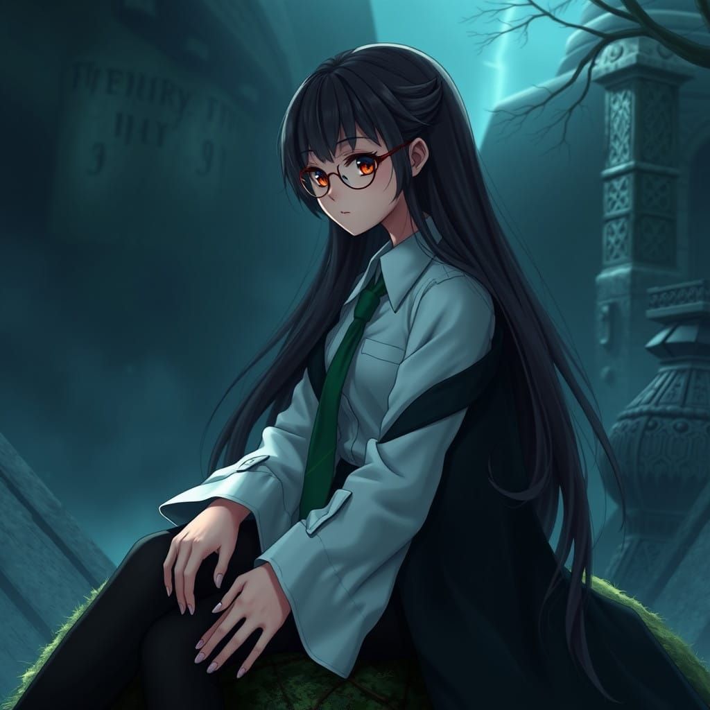 Mystical Anime Girl Sits Contemplatively in a Tranquil Fanta...