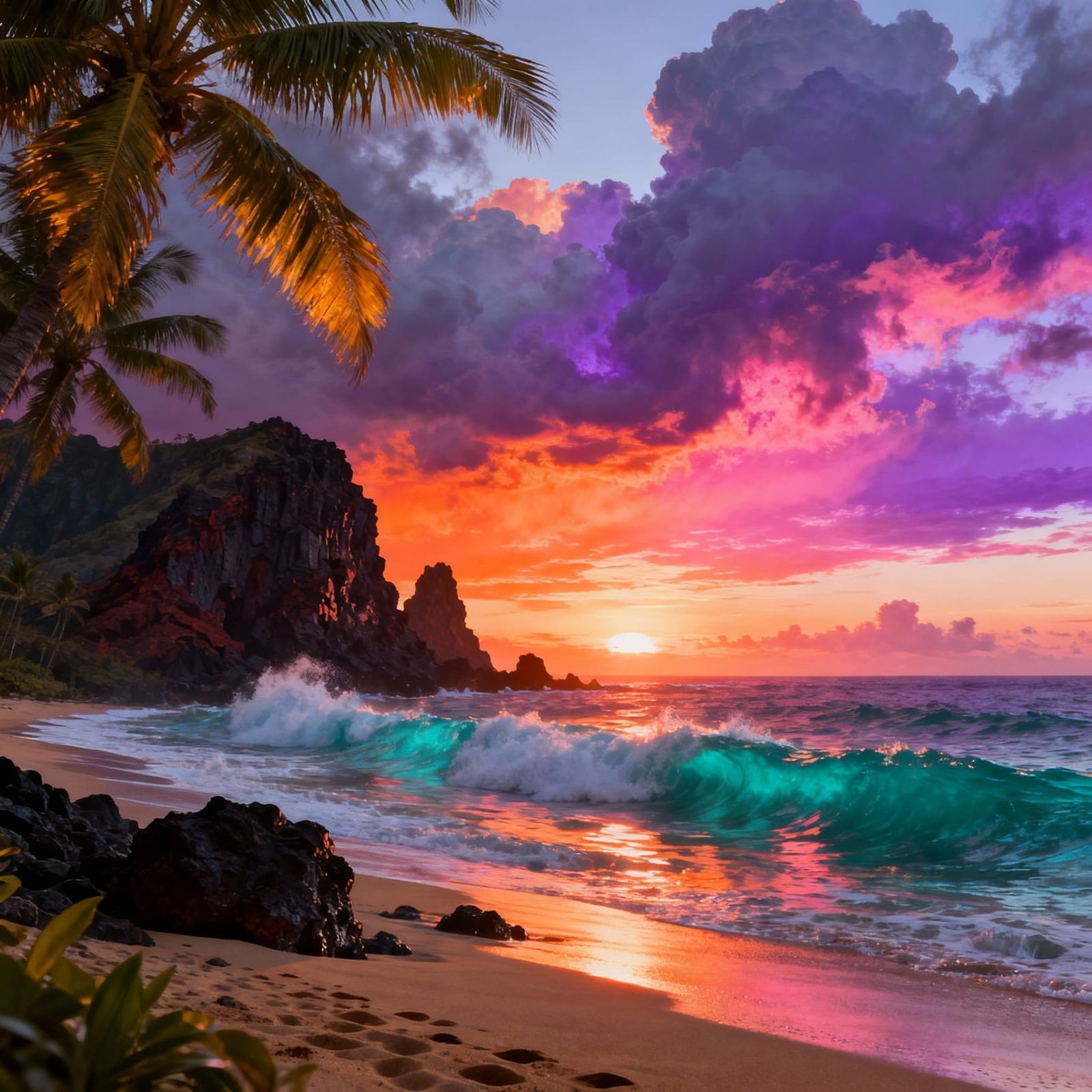 Epic Hawaii Beach Sunset Digital Matte Painting