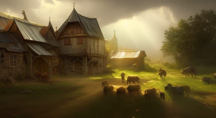 Idyllic Medieval Village Scene with God Rays