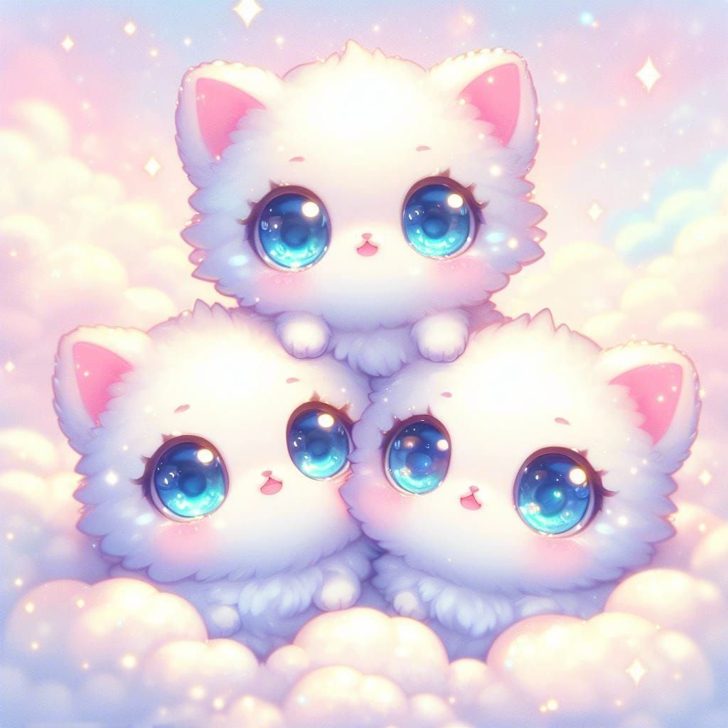 Three Chibi Kittens on a Cloud, Anime Ghibli Style