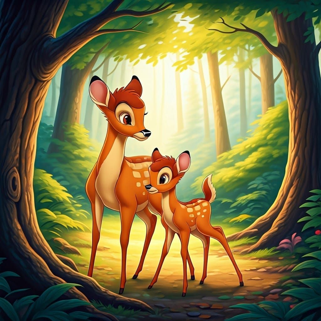 Whimsical Forest Scene with Bambi and his Mother