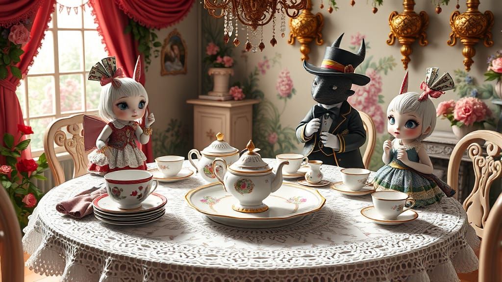 Whimsical Wonderland Tea Party Scene in Anime Style