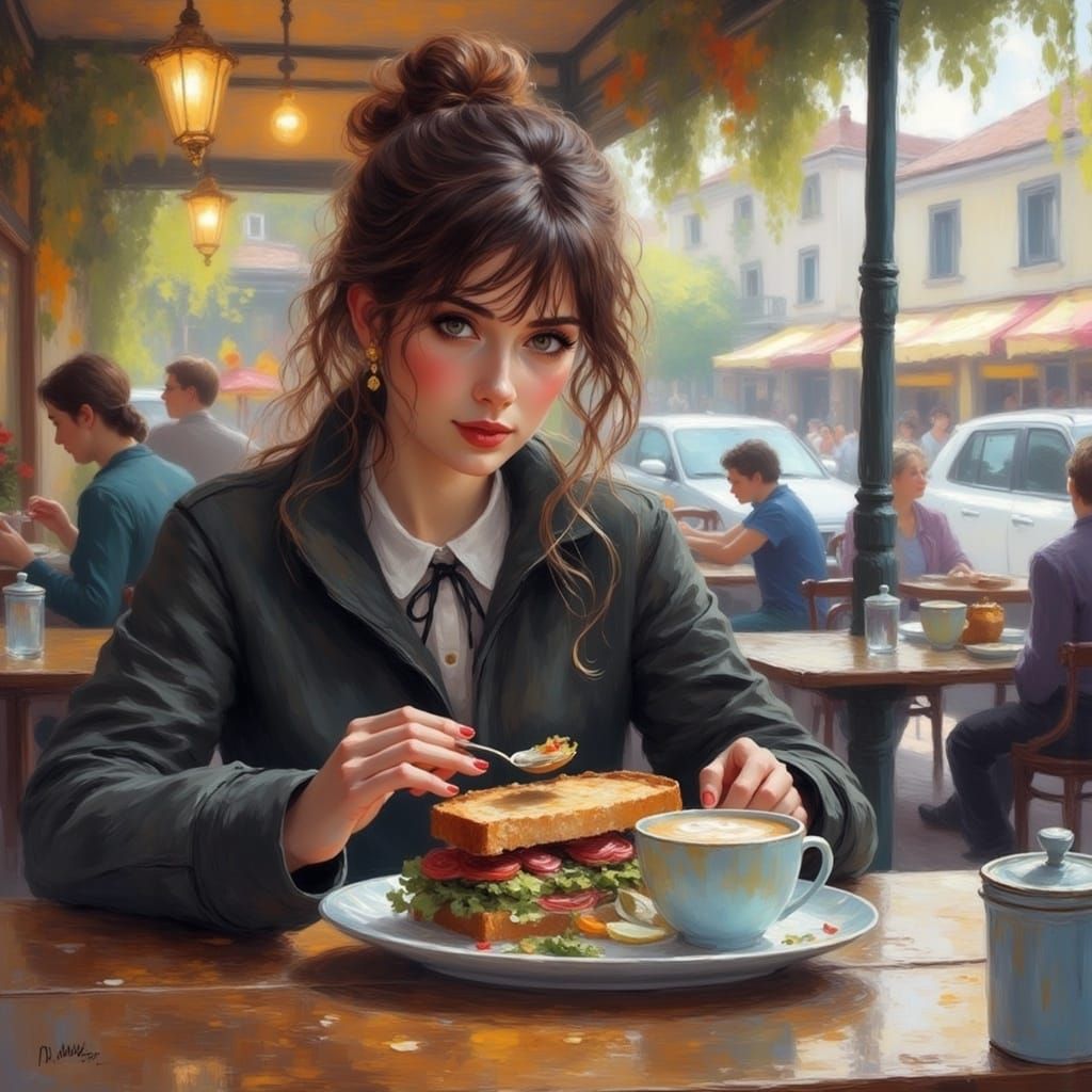 A Mysterious Woman in a Cafe, Captured in Dreamy Gouache