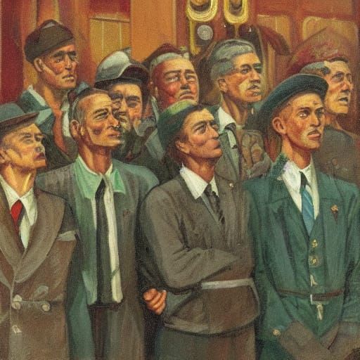 Orthodox Priest and Men in 1950s Suits in Soviet Realism