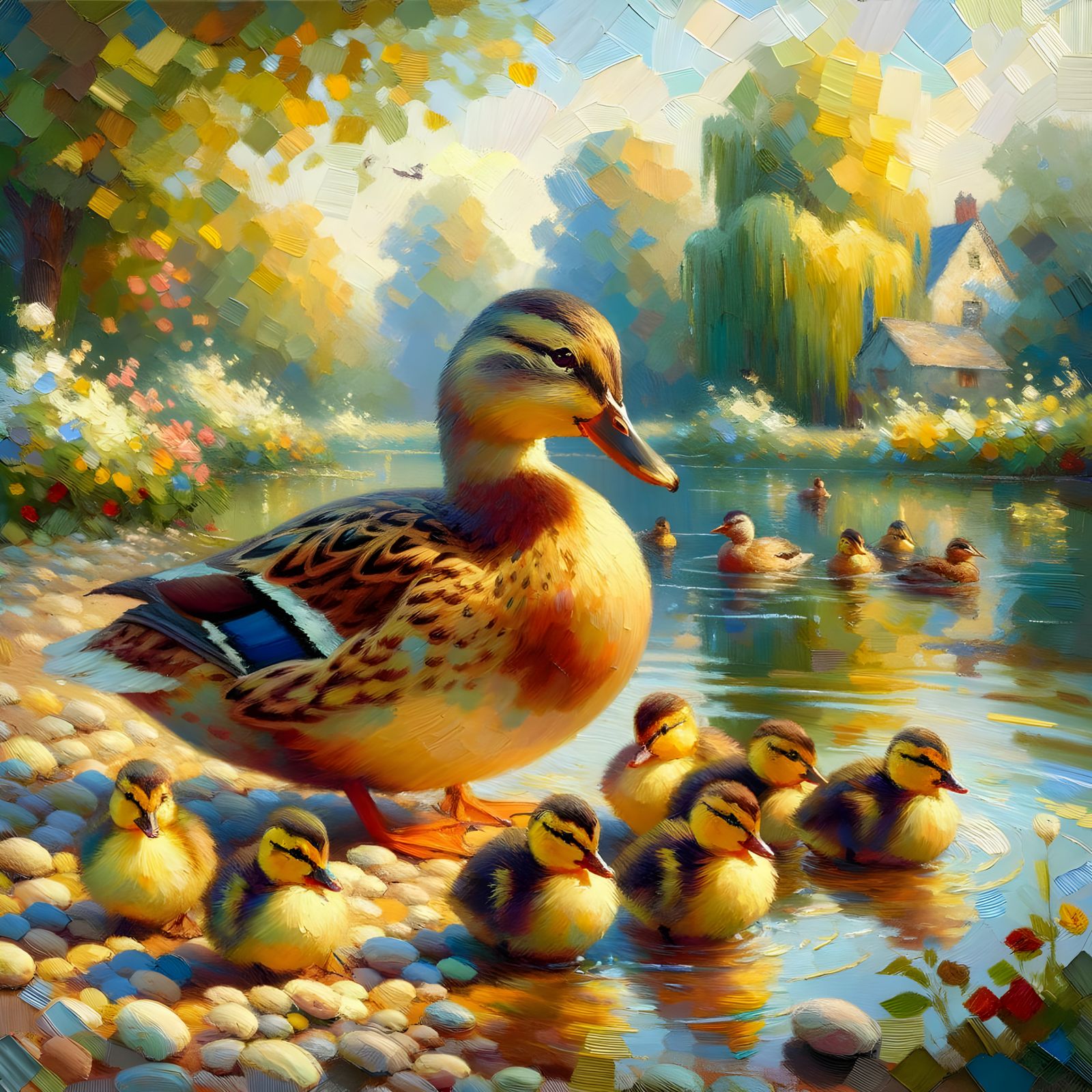 Mallard Ducklings in Impressionist Countryside Oil Painting