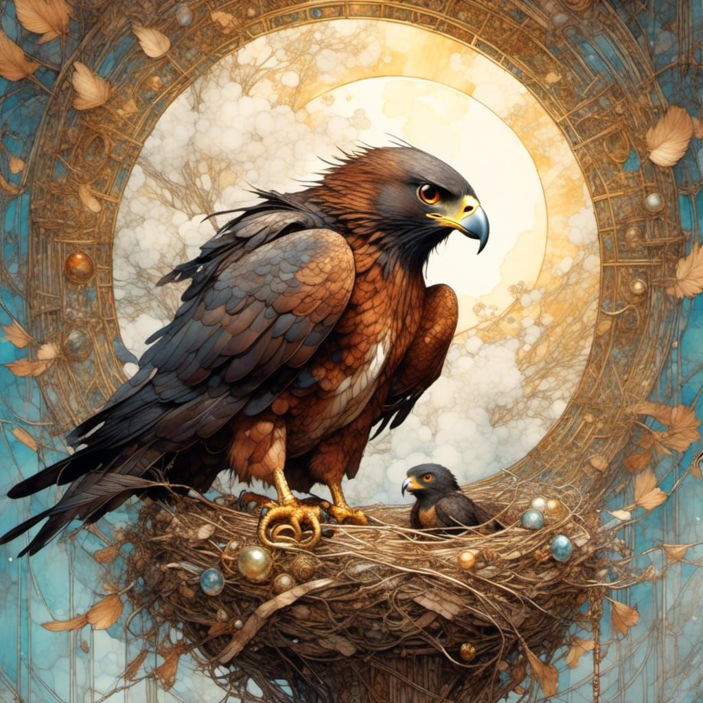Chibi Harris Hawk on Nest, Detailed Fantasy Illustration