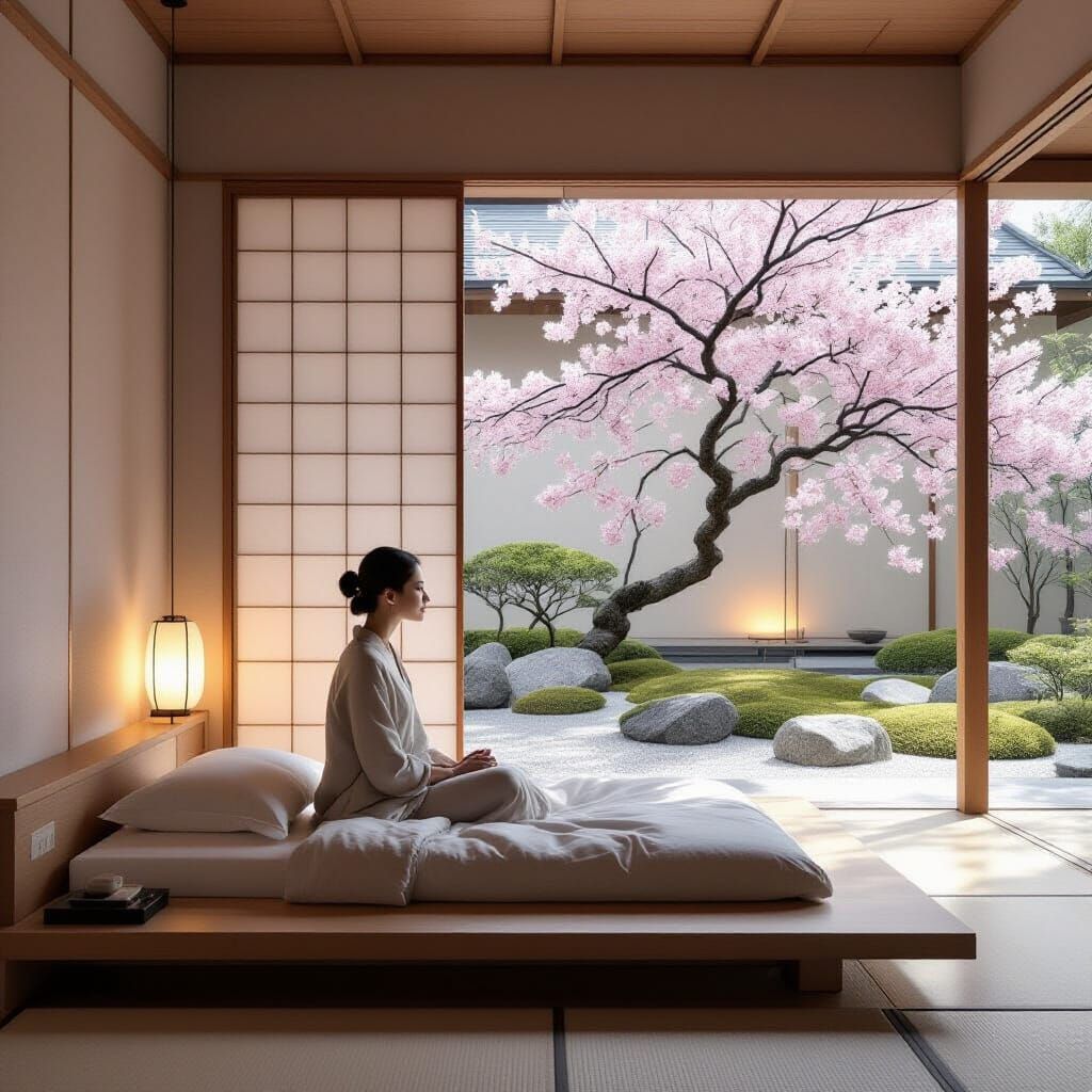Minimalist Bedroom with Zen Garden and Cherry Blossoms