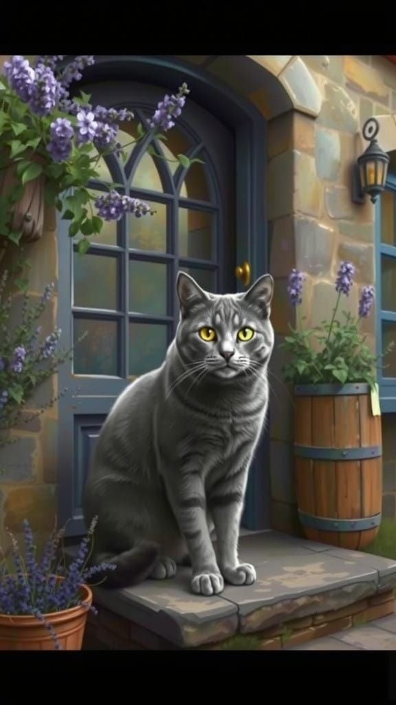 Regal Gray Cat on Rustic House Steps