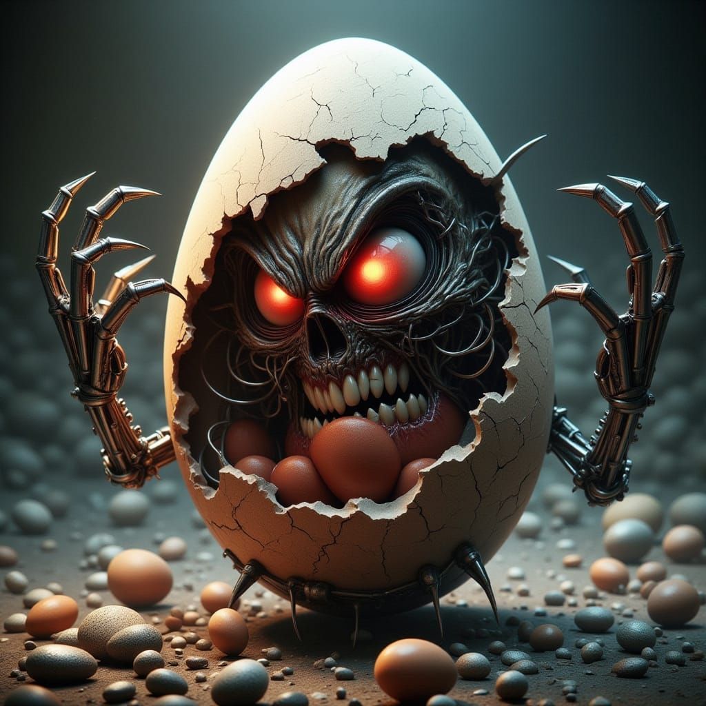 Battle-Damaged Egg Robot With Glowing Red Eye