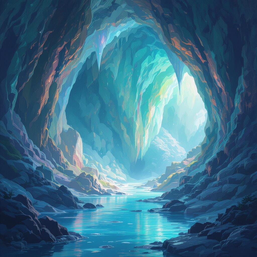 Anime Cavern Scene with Ethereal Luminescence
