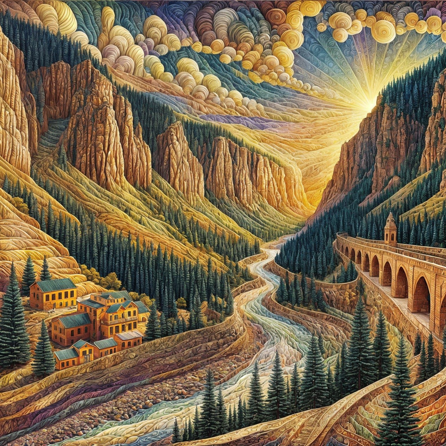 Angular Canyon Landscapes with Digital Art Symbolism