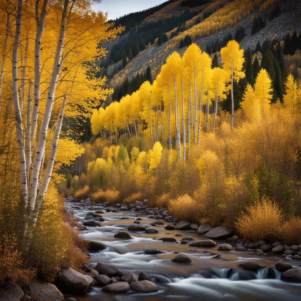 Aspen Tree by Mountain Stream in Golden Light